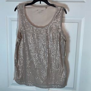 Chico’s Sequin Tank Top Round Neck Ruffle Detail around neck line and arm  Sz 1